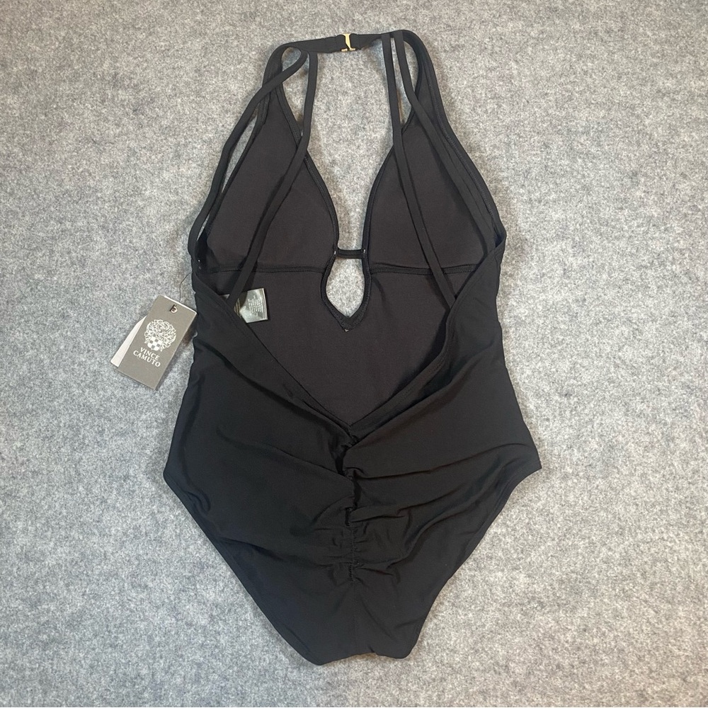 NWT Vince Camuto Plunge Neck Halter Open Back One-Piece Swimsuit Size 10 Black - Picture 11 of 12